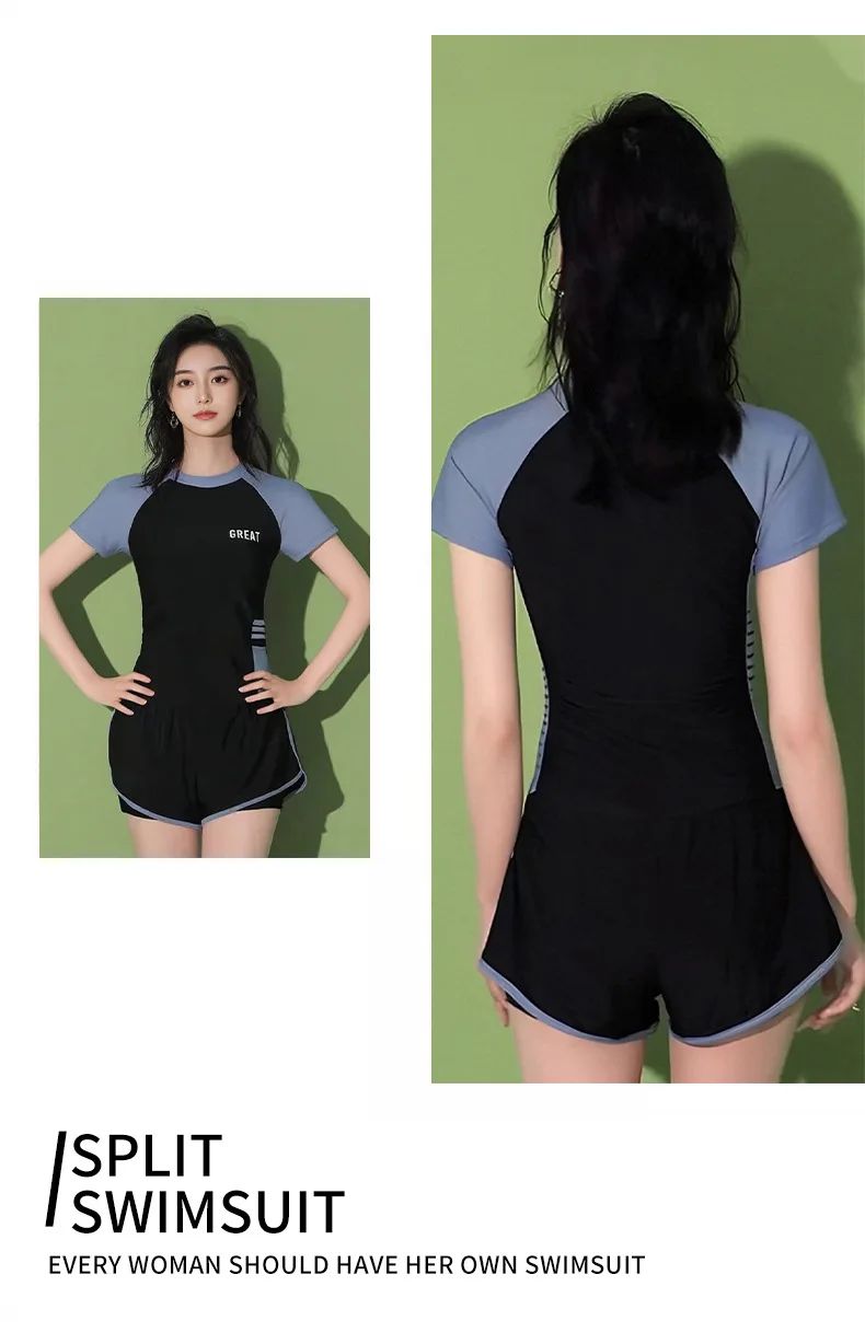 Sporty Two-Piece Swimsuit Short Sleeve plus Size Concealing Conservative Flat Footwear for Hot Springs Swimming Costume