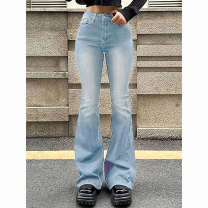 2025 Girls Concise Ins High Waist Flared Jeans Female Stretchy Bootcut Denim Pants Women Solid Color Thin Bell Bottoms Trousers