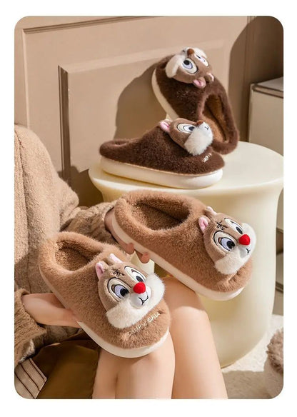 Chinelo de algodão de pelúcia com desenho animado Disney Tico e Teco, fofo, para homens e mulheres, confortável, macio, antiderrapante, resistente ao desgaste e quente para o inverno