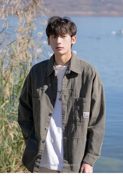 Japanese Series Men's Shirts Casual Vintage Cargo Jacket Top Spring Autumn Solid Blouses Single Breasted Male Clothes Streetwear