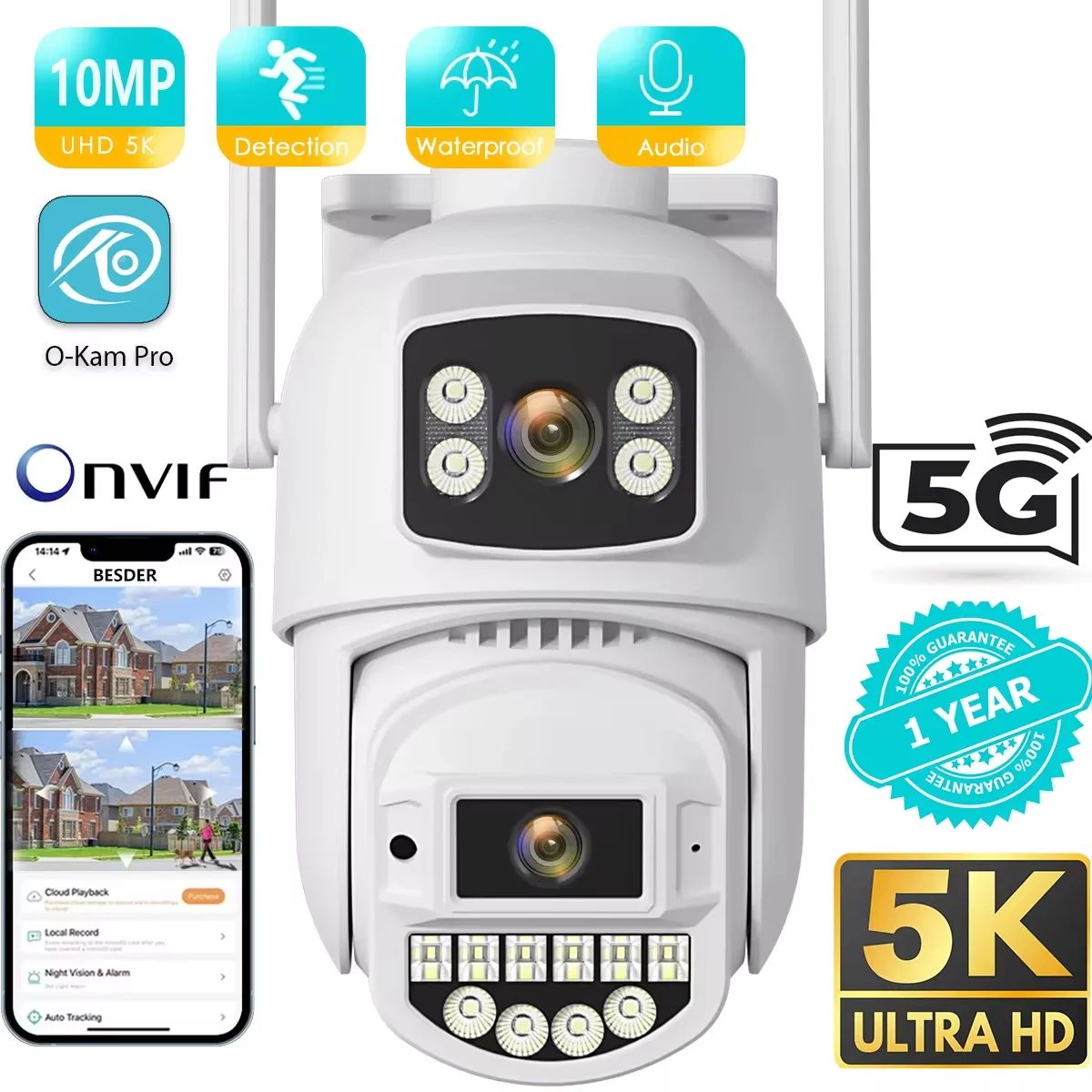 10MP 5K Wifi IP Camera Outdoor 2.4GHZ 5GHZ PTZ Surveillance Camera Dual Lens Dual Screens Email Alert 4K Security Protection