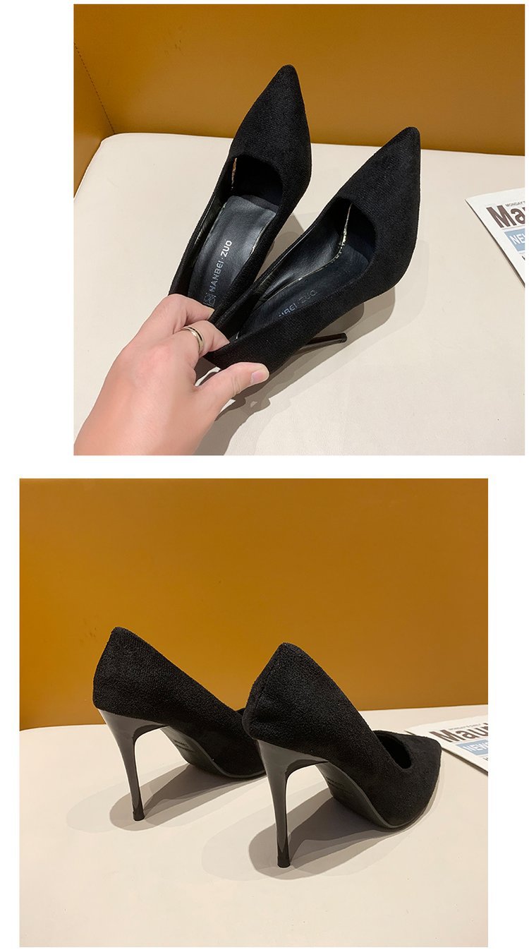 High Heels Women's New Women's Shoes Pointed Shallow Mouth Single Shoes Fine Heel Suede Black Fashion Shoes Women Large Size