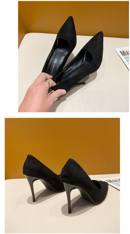 High Heels Women's New Women's Shoes Pointed Shallow Mouth Single Shoes Fine Heel Suede Black Fashion Shoes Women Large Size