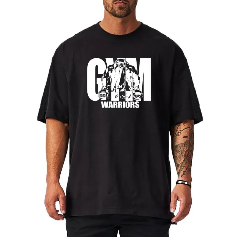 Summer Oversized Mens Cotton Loose Dropped Shoulder Fitness Summer Gym Sports Bodybuilding Short Sleeve T-shirt