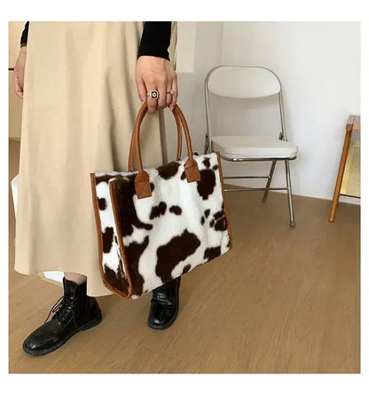 New Women Soft Plush Hand Bag New Winter Leopard Cow Print Tote Bags Female Pu Leather Underarm Bags Furry Fluffy Shoulder Bag