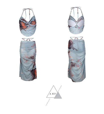 2024 New Three-Piece Bikini Set Beach Vacation Hot Spring Trip Slimming Long Skirt Separate Swimsuit Meat Concealing Photography