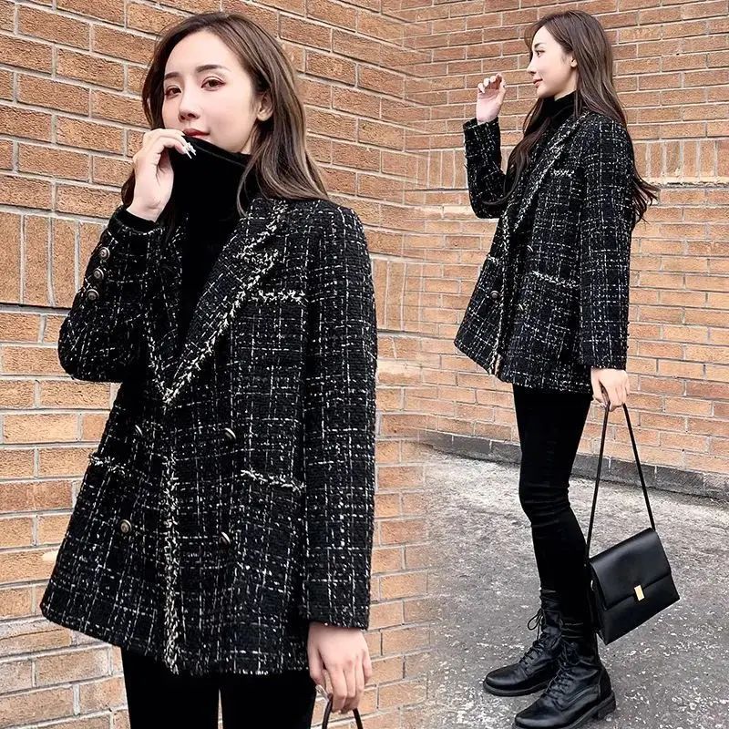 Thickened Cotton Tweed Coat for Women Spring Loose Plaid Outerwear Cozy Style Large Size Patchwork Small Suiting