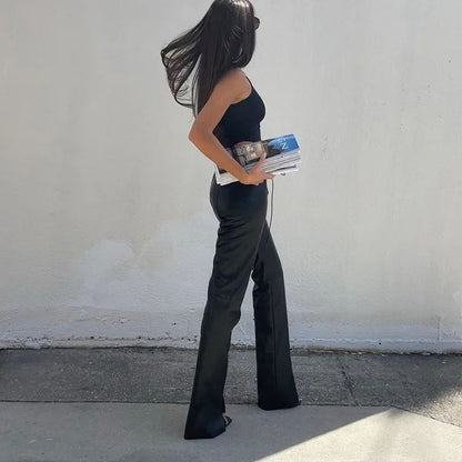 Casual Loose-fit Cross-border Women's Pu Leather Pants Autumn 2022 Fashionable Straight-leg Low-waist Leisure Ladies Trousers