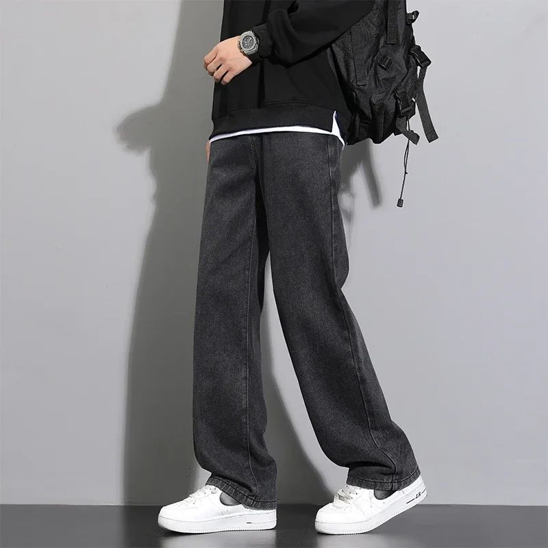 2025 Calças Jeans Casuais Masculinas Coreanas Novas Retas Longas Perna Larga Jeans Cor Sólida Azul Claro Cinza Preto