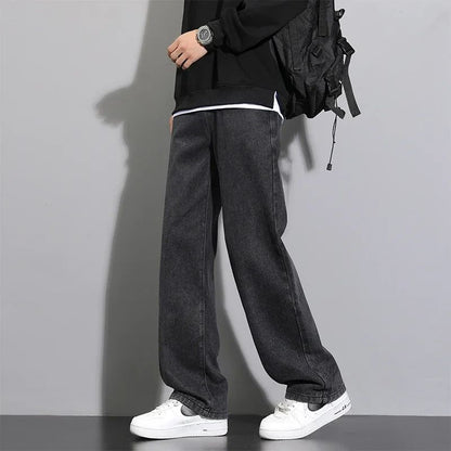 2025 Calças Jeans Casuais Masculinas Coreanas Novas Retas Longas Perna Larga Jeans Cor Sólida Azul Claro Cinza Preto
