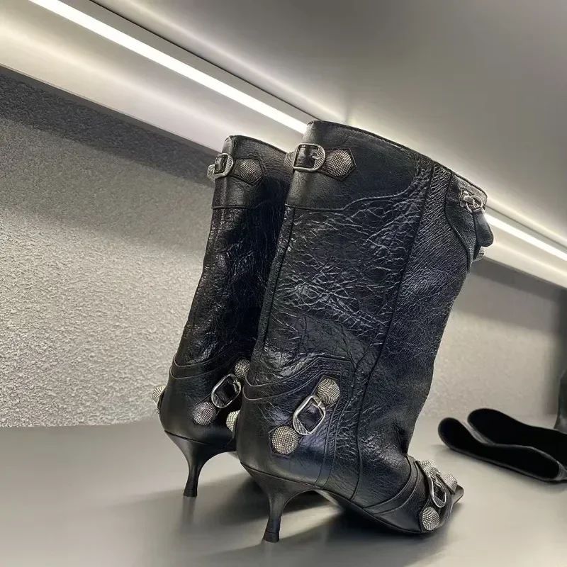 Women's Sexy Stiletto High Heels with Rivet Decoration, Wide Barrel Knee Length Boots, European and American Fashion Show Boots