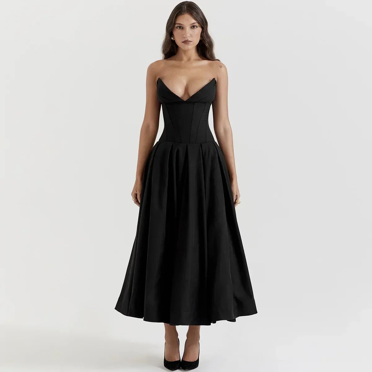 Suninheart Black Elegant Wedding Events Dress Sexy Strapless Corset Dress Midi C