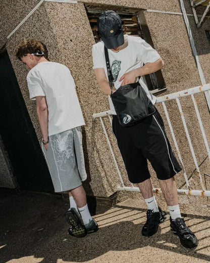 American Hip-hop Dragon Head Striped Casual Loose Shorts Men 2025 High Street Retro Punk Fashion Oversized Straight Pants Women