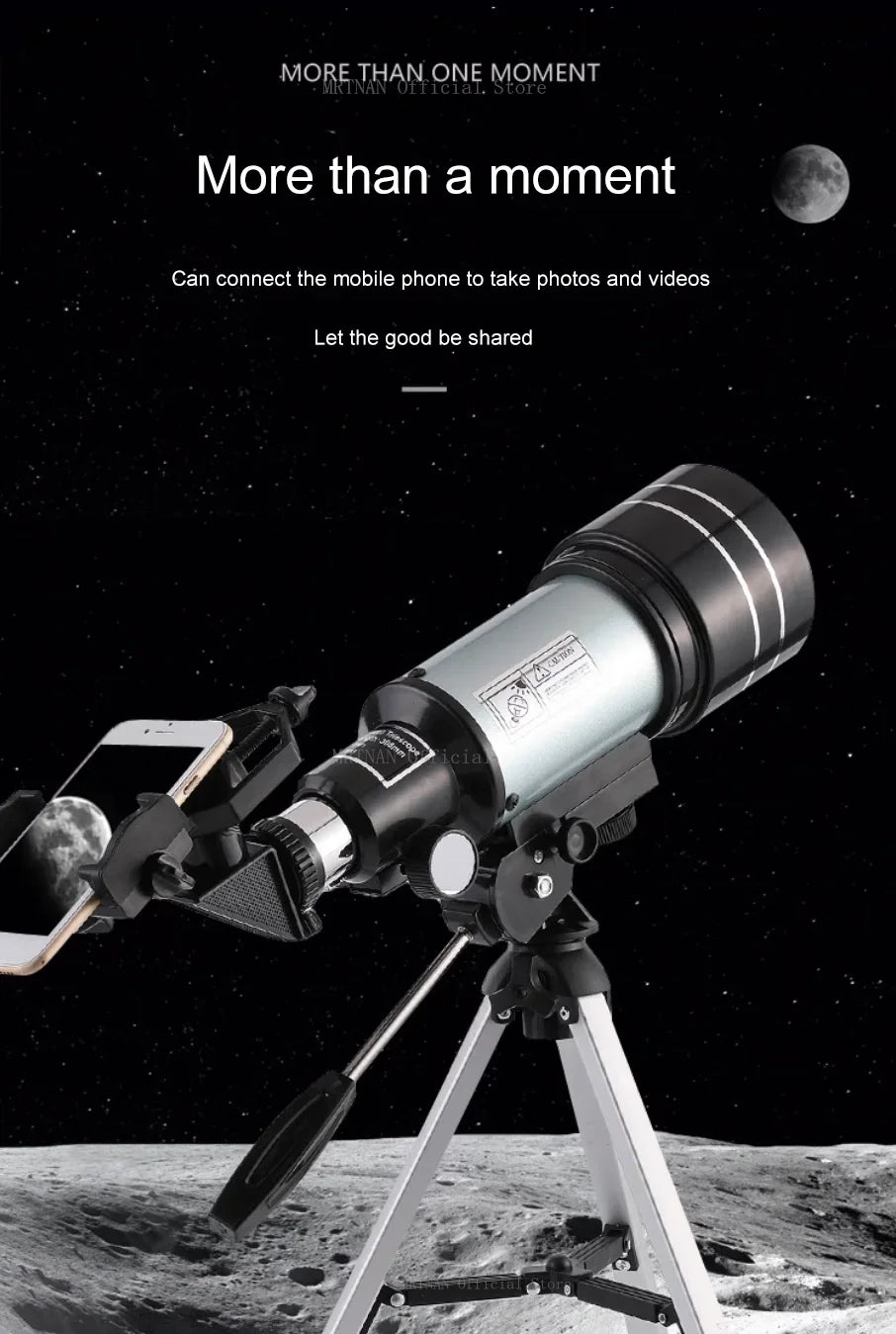 Telescópio Astronômico 150X, Telescópio Refrator Portátil de Viagem com Abertura de 70mm com Adaptador de Celular para Observação de Estrelas e da Lua