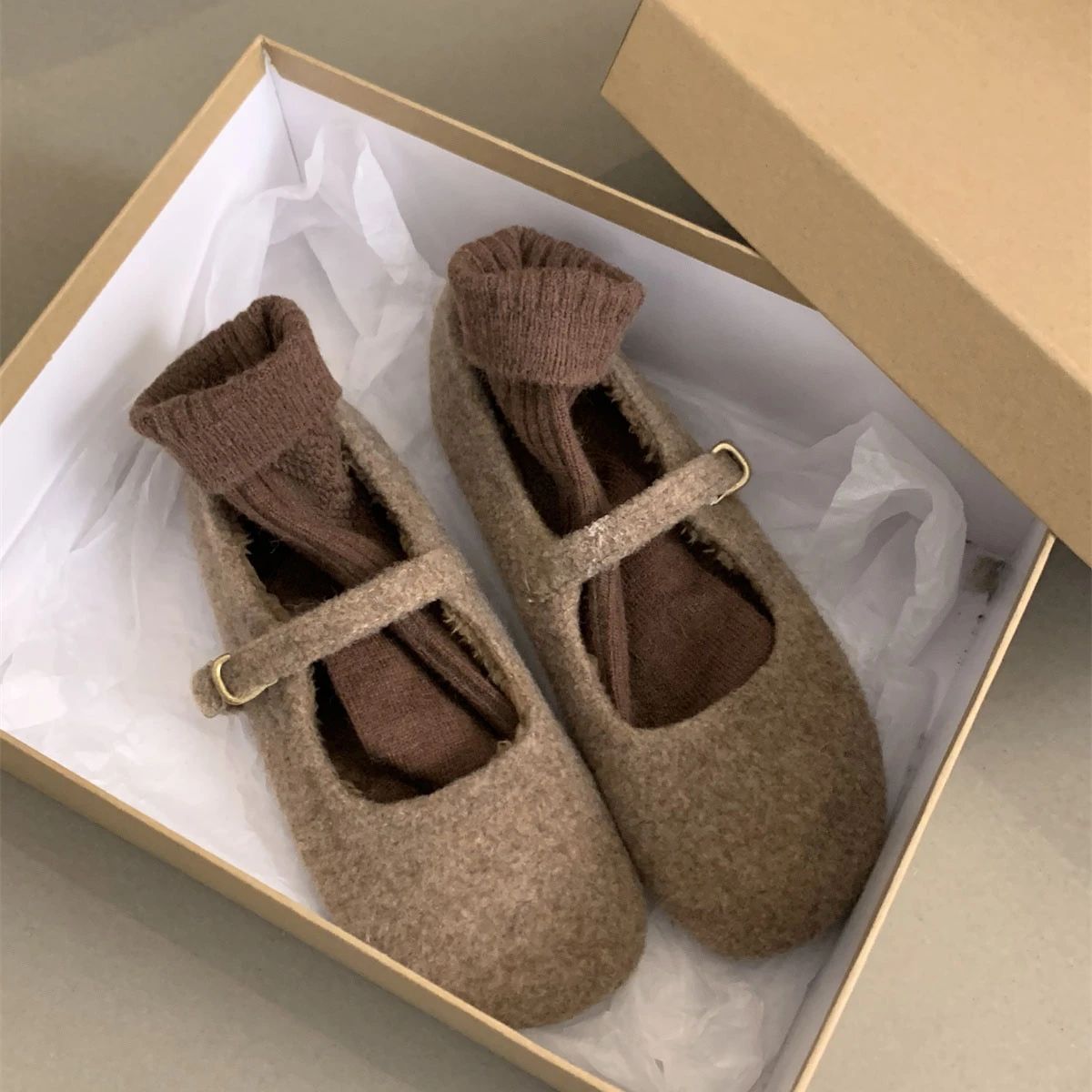 Fashion Square Toe Fleece Flet Ballet Flats Woman Winter Warm Wool Mary Jane Shoes Ladies Brand Design Elegant Plush Loafers