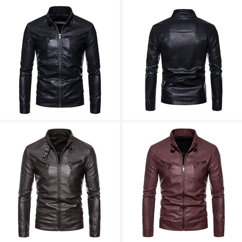 Spring Autumn Men Motorcycle Jacket Retro Slim Fit Casual Coat Stand Collar Leather Jackets Zipper Outerwear Windproof PU Coat