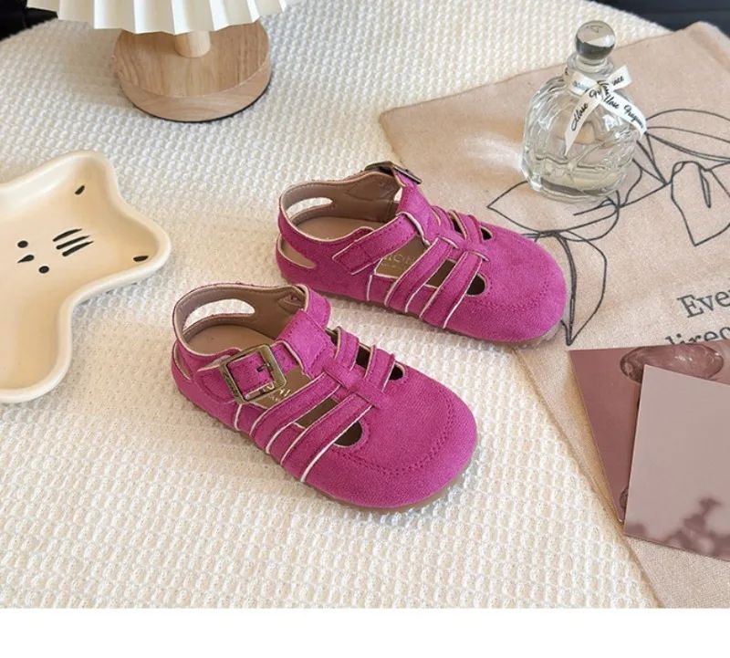 1-12Y Children's Sandals Toe Protect Boys Girls Summer New Candy Color Soft Sole Shoes Kids Casual Retro Flat Leather Sandals