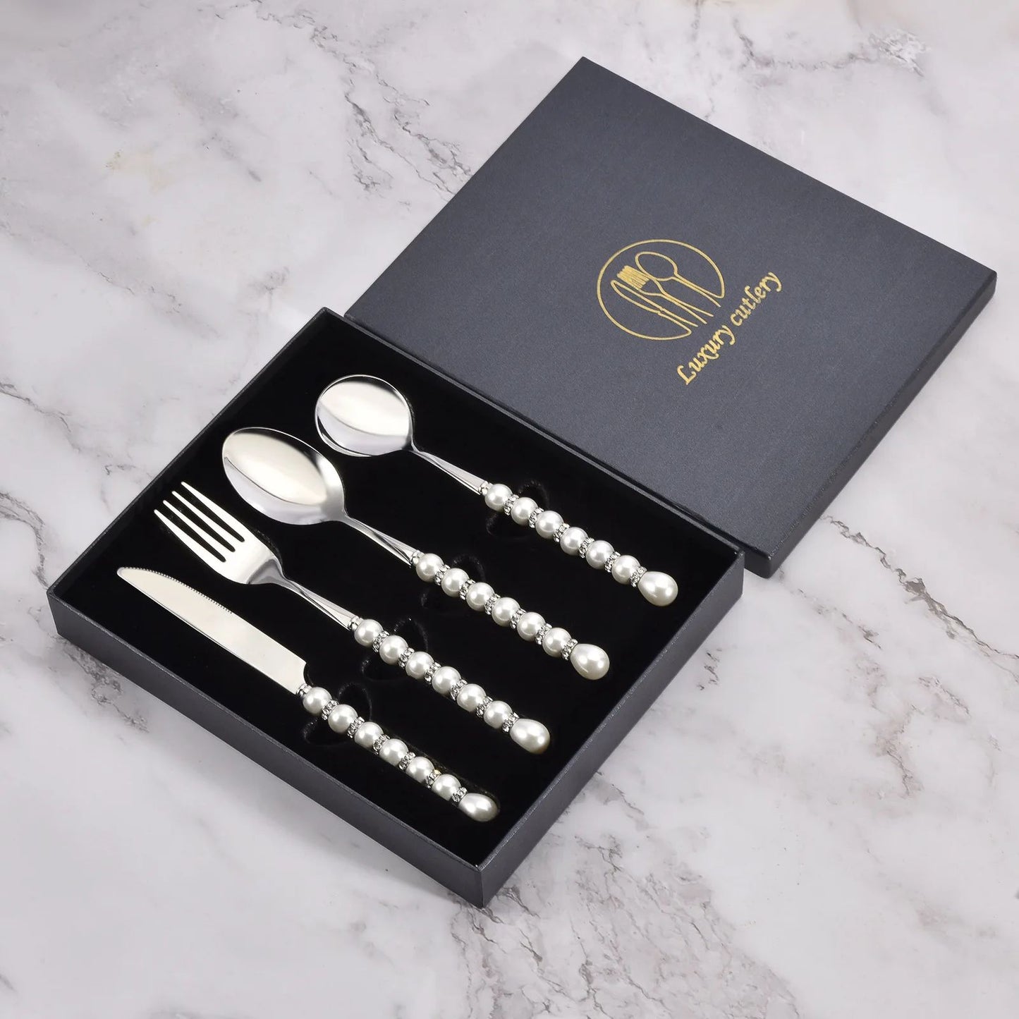 Conjunto de talheres luxuosos de aço inoxidável 304 com colher, garfo e faca, talheres com pérolas e diamantes, caixa de presente, utensílios para casa, cozinha e casamento