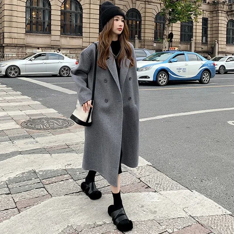 2024 New Winter Lady Lazy Style Baggy Mid-Long Thermal Woolen Coat Female Korean Version Concise Designer Versatile Coat Jackets