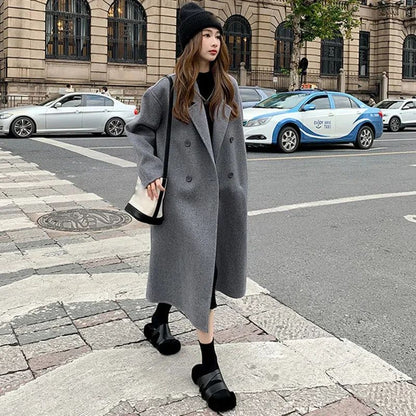 2024 New Winter Lady Lazy Style Baggy Mid-Long Thermal Woolen Coat Female Korean Version Concise Designer Versatile Coat Jackets