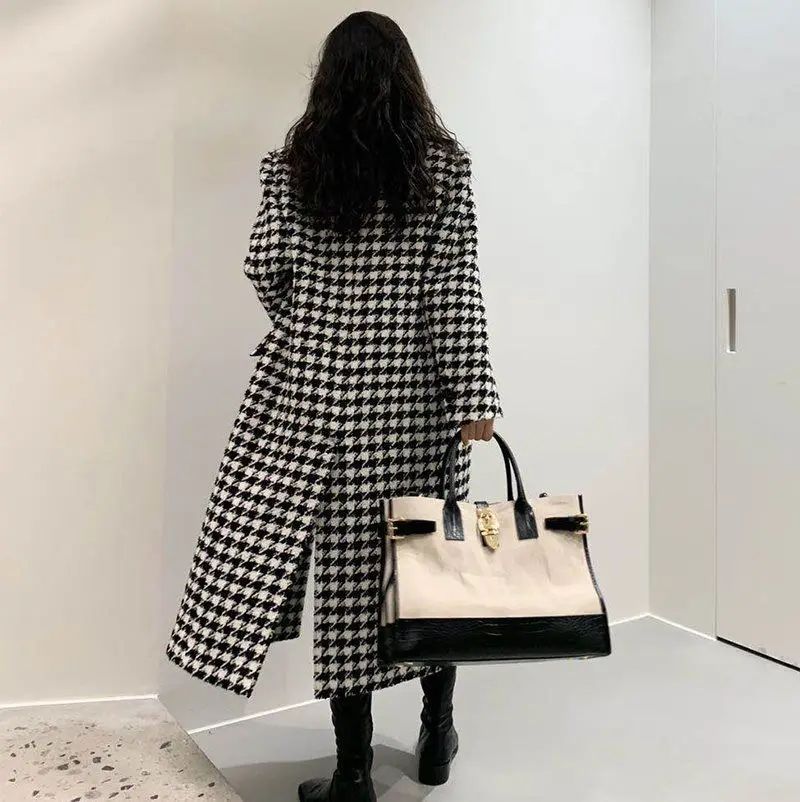 Women Autumn Winter Woolen Coat 2025 New Women Double Breasted Coat Korean Houndstooth Mid-Length Woolen Coat Lady Winter Jacket