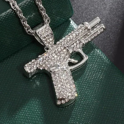 Pingente de Pistola com Gelo Cravejado Bling Colar de Metralhadora Masculino Personalidade Hip Hop Rock Punk Joia Legal para Festa de Rua Presente