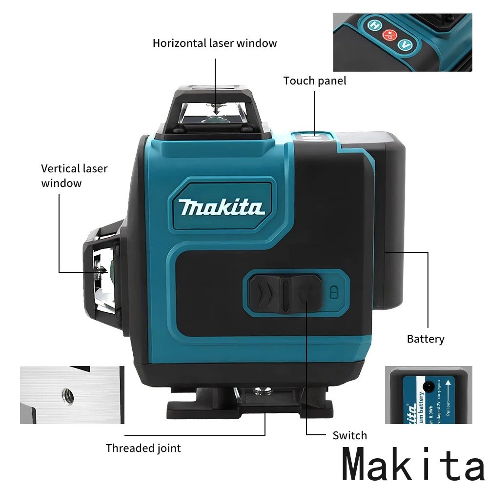 Nível a Laser Makita 16 Linhas Profissional Horizontal Vertical Laser Verde Automático 360° Autonivelante Nível a Laser Ferramentas de Construção