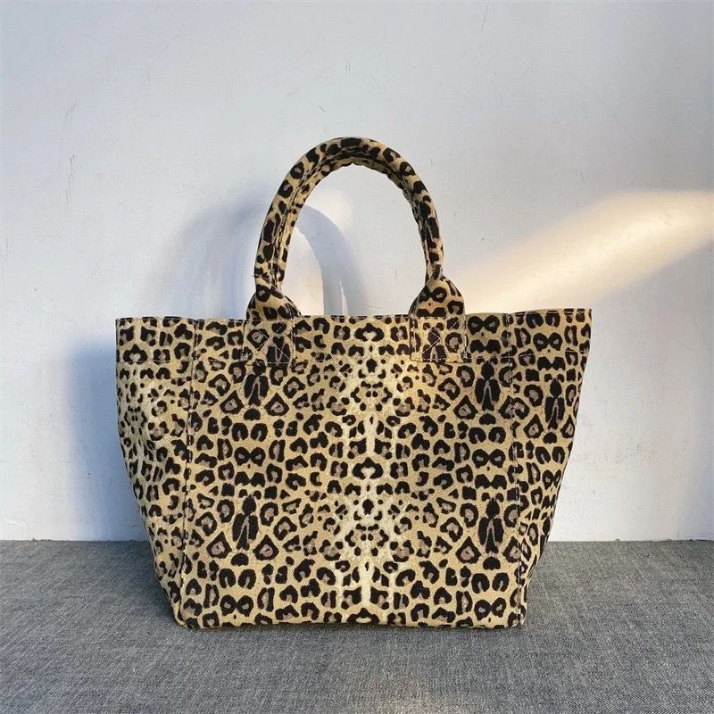 Korean Fashion Leopard Pattern Shoulder Bag Trendy Letter Embroidery Tote Bags Women Canvas Large Capacity Handbag Shopping Bags