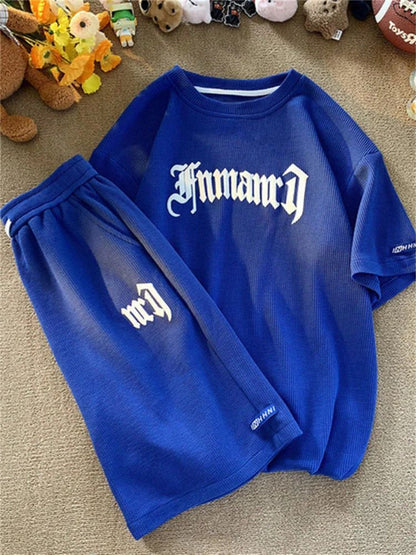 Summer Oversize Casual Fashion tracksuit Loose Jogging Waffle Suit Men Loose Short-sleeve tshirt + Sports Shorts 2pcs Set Outfit
