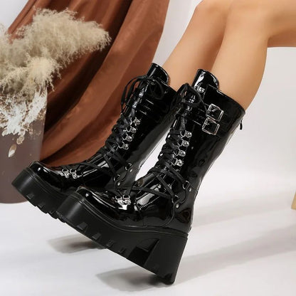 Winter 2024 New Women's Fashion Mid Tube Boots Lace Up High Platform Wedge Boots New Women's Fashion Solid Color Boots