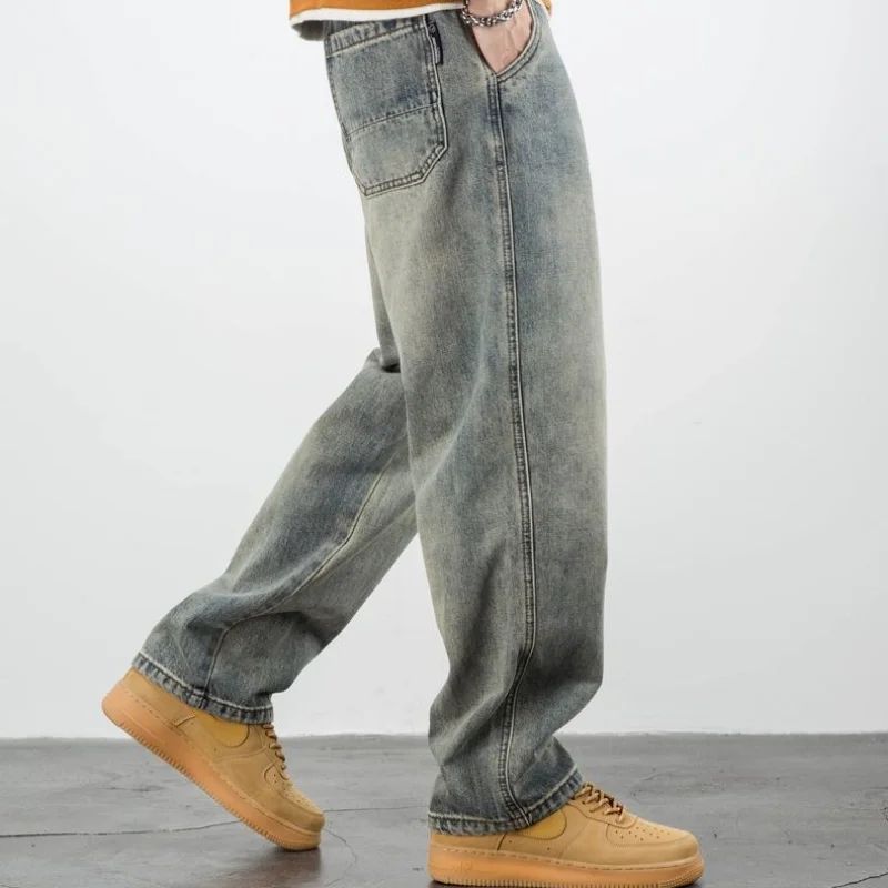 Calça Jeans Masculina Retrô Cargo Reta Cowboy Punk Lavada Grife Luxuosa Tendência 2025 Y2k Vintage Estilo Coreano Larga