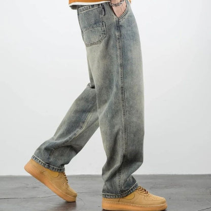 Calça Jeans Masculina Retrô Cargo Reta Cowboy Punk Lavada Grife Luxuosa Tendência 2025 Y2k Vintage Estilo Coreano Larga