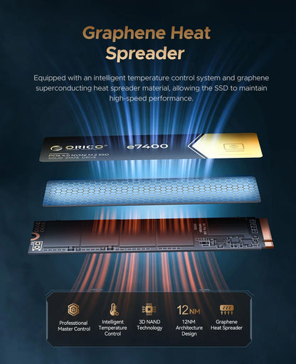 ORICO e7400 PCIe4.0 M.2 NVMe SSD PS5 7400MB/S Unidade de estado sólido interna Gen4 para computação de alto desempenho e gamers com uso intenso