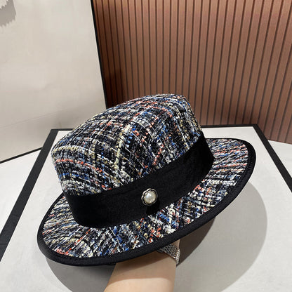 Chapéu jacquard estilo socialite europeia delicado e elegante com pérolas, chapéu de tweed rosa, chapéu de festa feminino da moda