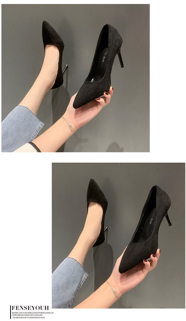 High Heels Women's New Women's Shoes Pointed Shallow Mouth Single Shoes Fine Heel Suede Black Fashion Shoes Women Large Size
