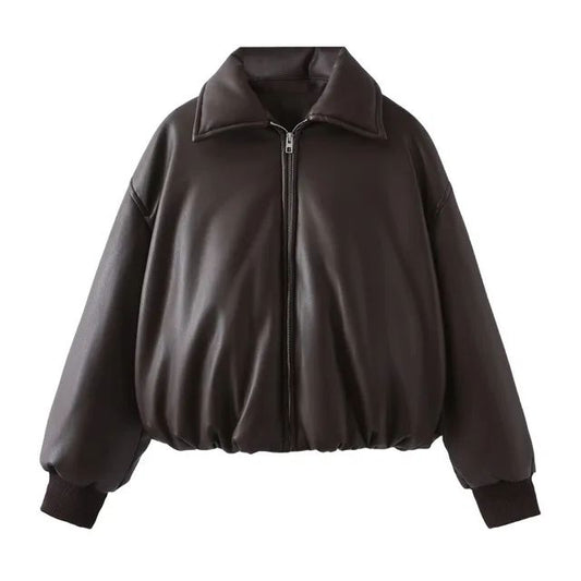 2025 Fall Winter Faux Leather Jacket for Women Oversized Streetwear Cotton Padded Parkas Short Bomber Coat Warm