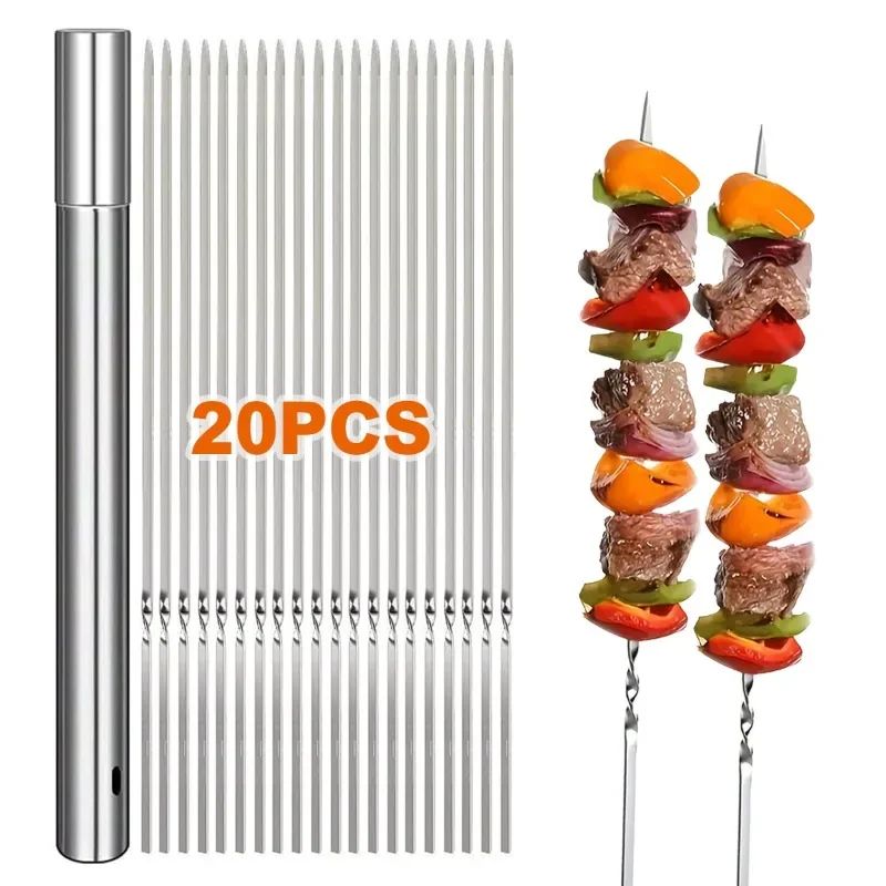 20Pcs Barbecue Skewer with Storage Tube Stainless Steel Reusable Flat BBQ Needle Stick for Outdoor Camping Party BBQ Accessories