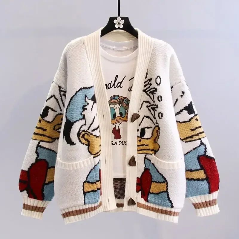 Suéter Disney Pato Donald Anime Desenho Animado Casaco Feminino Outono/inverno Cardigã Solto Suéter de Malha Blusa Presente para Menina