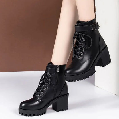 2024 Women Winter Leather Women Winter Boots Thick Wool Warm High-heeled Genuine Boot High-quality Female Snow Boots Women Shoes