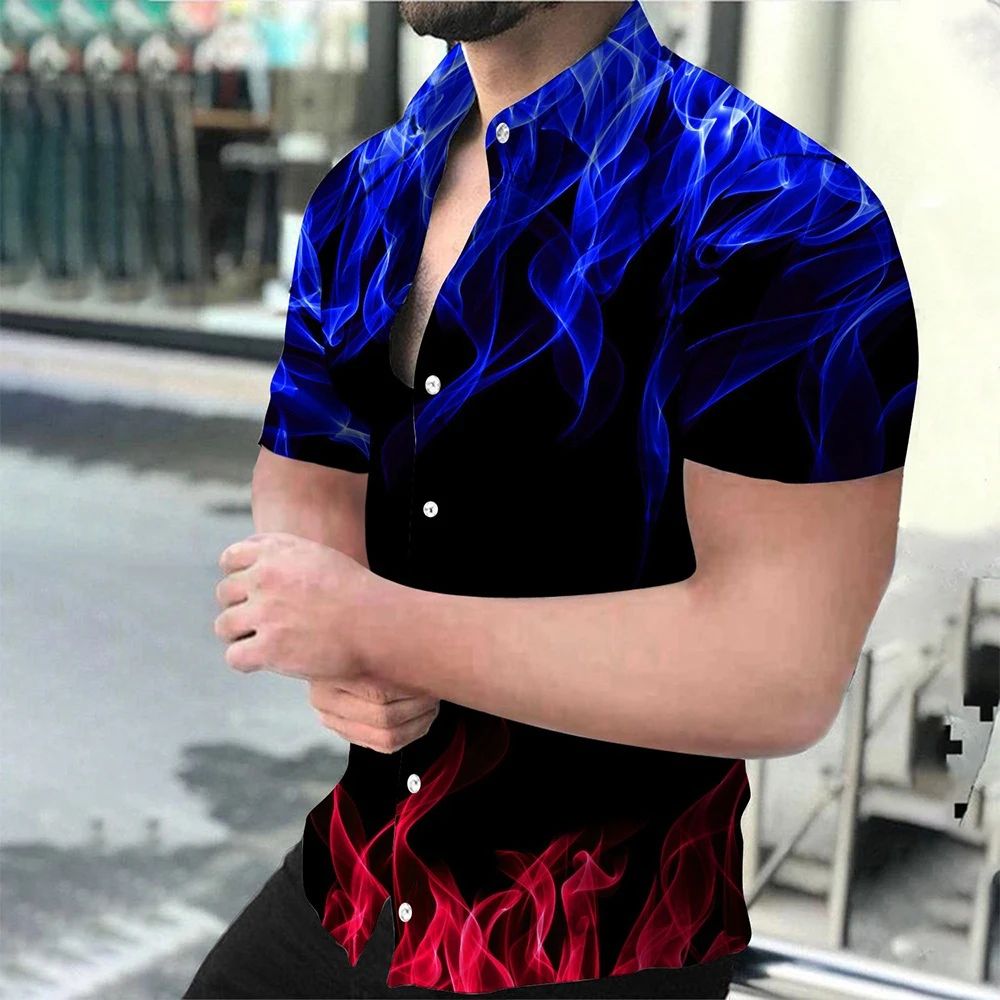 Men's Shirt Blue Flame 3d Printed Short sleeve Shirts Men Women Fashion Hawaiian Shirt Casual Beach Blouses Unisex Clothing
