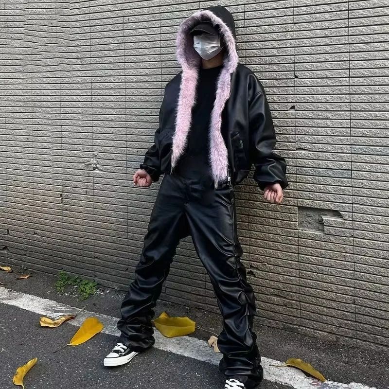 American Vintage Fur Collar Hoodie Winter Thicked Warm Cotton Cardigan Coat Y2k Street Punk Black Streetwear Jacket Fur Parkas