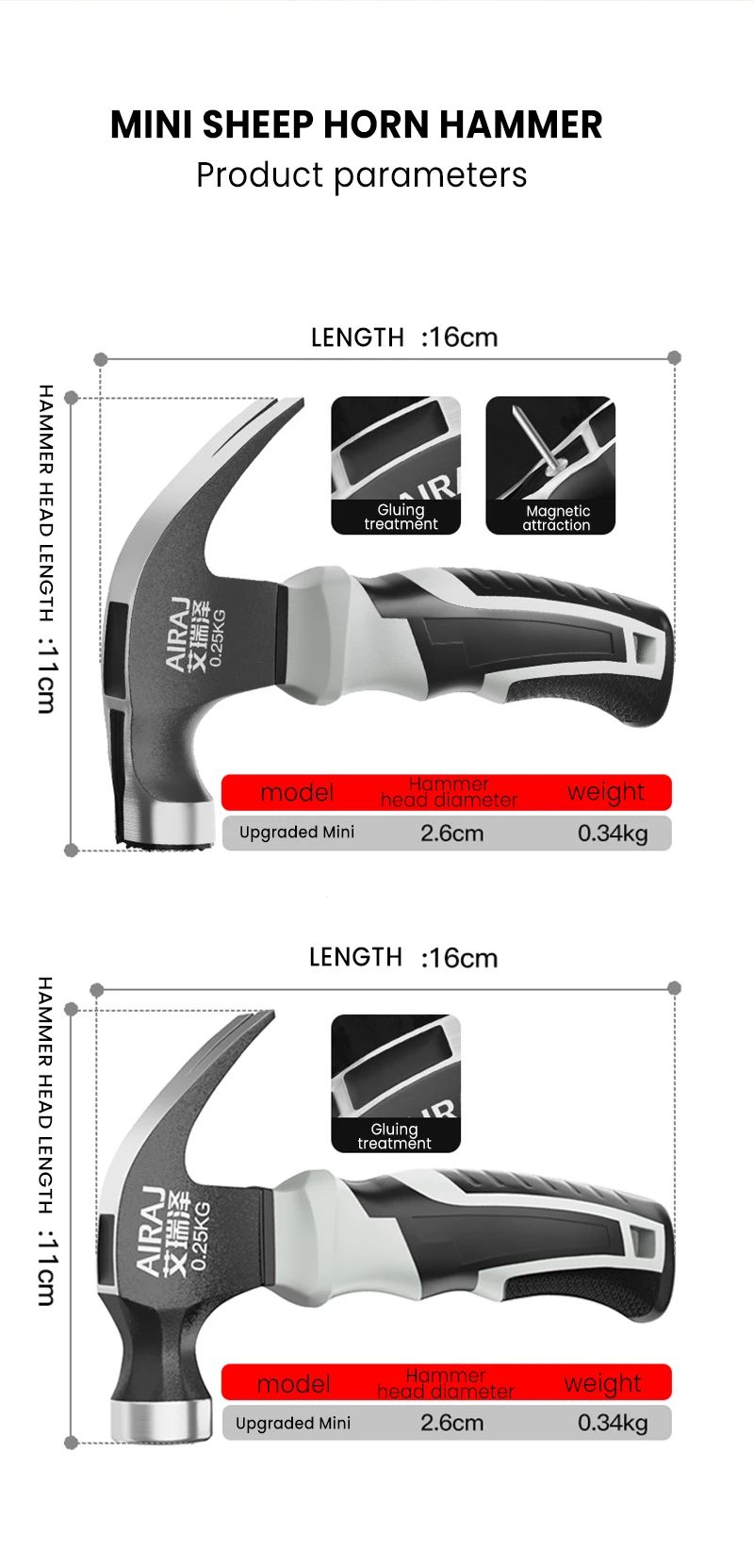 AIRAJ Martelo de Garra Mini Multifuncional de Grau Profissional Antiderrapante Magnético à Prova de Choque Ferramenta Manual para Trabalhar Madeira
