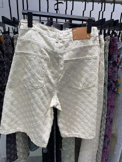 New Summer Men Distressed Short Jeans Vintage Jacquard Straight Leg Men's Denim Shorts Pants