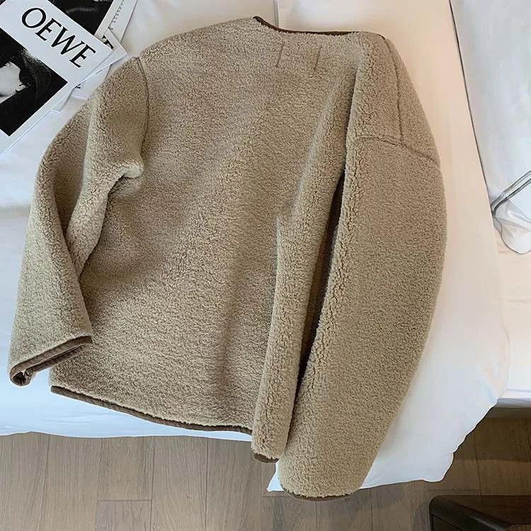 Korean Style Short Lamb Fur Jacket Women's Crew Neck Lazy Style Outerwear Autumn Winter New Arrival Soft Cozy round Neck Top