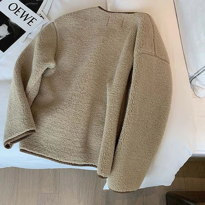 Korean Style Short Lamb Fur Jacket Women's Crew Neck Lazy Style Outerwear Autumn Winter New Arrival Soft Cozy round Neck Top