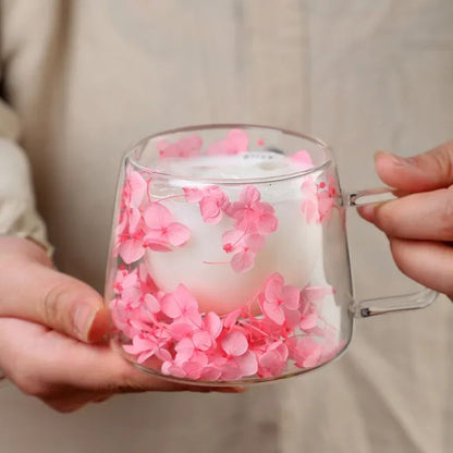 Copo de Vidro de Parede Dupla 200ml Transparente com Padrão de Flores Caneca de Chá Leite Café com Alça Presente para Amigos Copo de Água para Casa