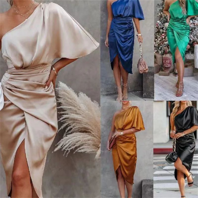 Elegant High-end Feel Women's Evening Dress Solid Color Irregular Midwaist Cross
