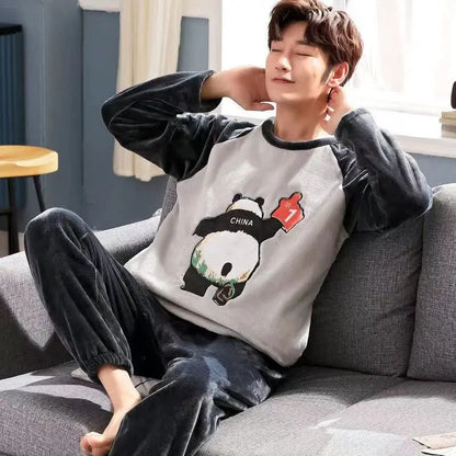 Thickened Flannel Sleepwear Set for Men Winter Home Clothes Coral Fleece Lined Autumn Winter Style Overhead Mens Nightgown