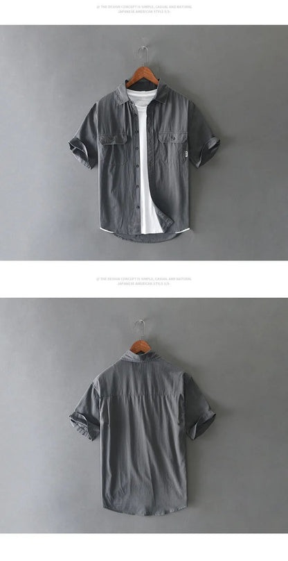 Summer Short Sleeve Cargo Shirt Men Streetwear Men Loose Shirts Casual Pure Cotton Double Pockets Khaki Shirt Fashion Clothing