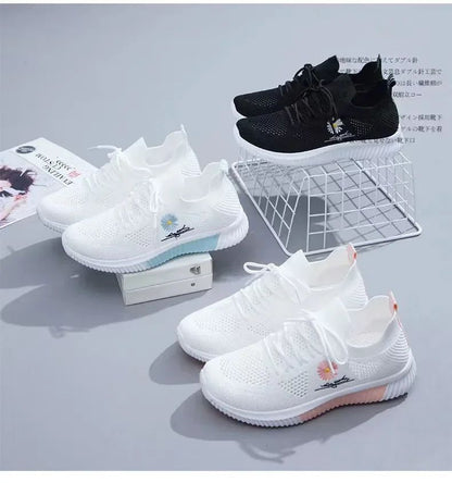 Spring and autumn seasonsLadies Knitted Sneakers Fashion Simple Lace-up Running Shoes Mesh Breathable Casual Female Students